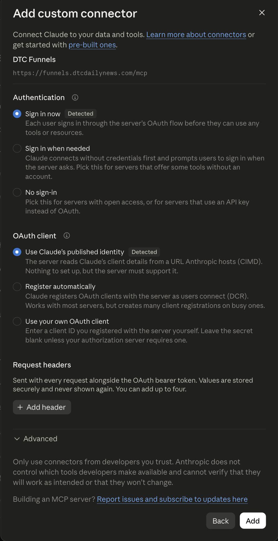 Claude's Add custom connector screen with Sign in now and Use Claude's published identity selected, both marked Detected